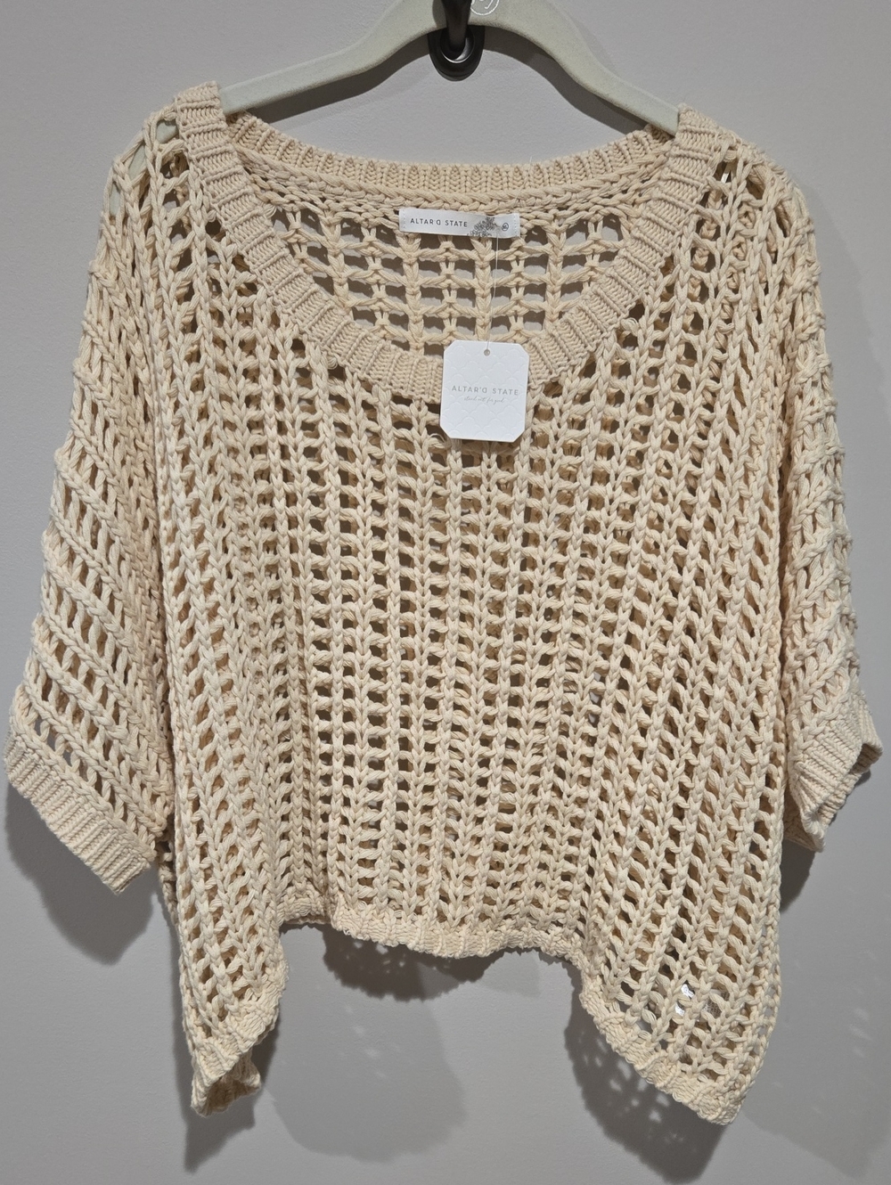 NWT Altar'd State Cream Open-Knit Short Sleeve Sweater XL Retails $64